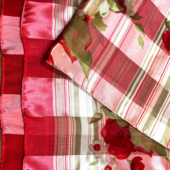 Pink plaid silky scarf gold metallic thread burnout stripes flowers sage & cream - Picture 4 of 8